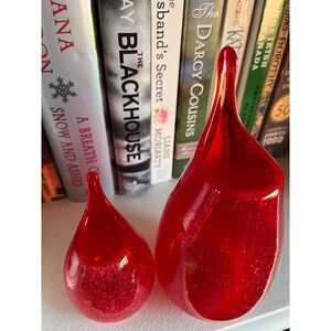 Seed Bubble Art Glass Hand Blown Red Stretch Bud Vase MCM Style Set of 2